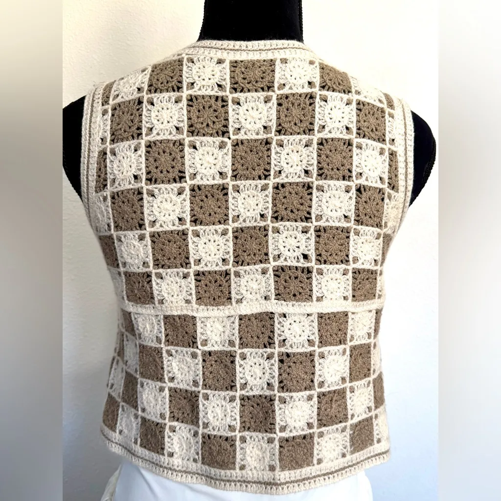 Vintage Crochet Granny Square Vest Brown - Image 3
