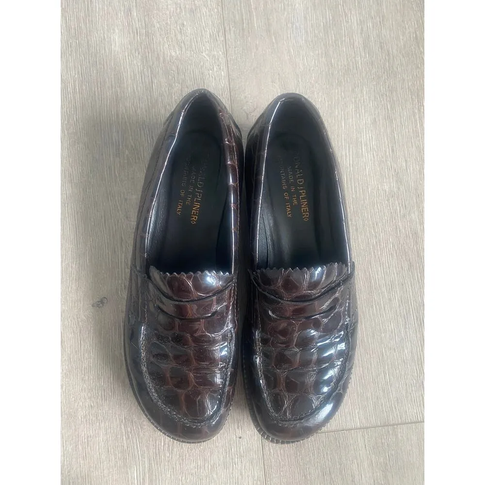 Donald Pliner Chocolate Brown Croc Patent Leather Italian Slip On Loafers Size 7 - Image 2