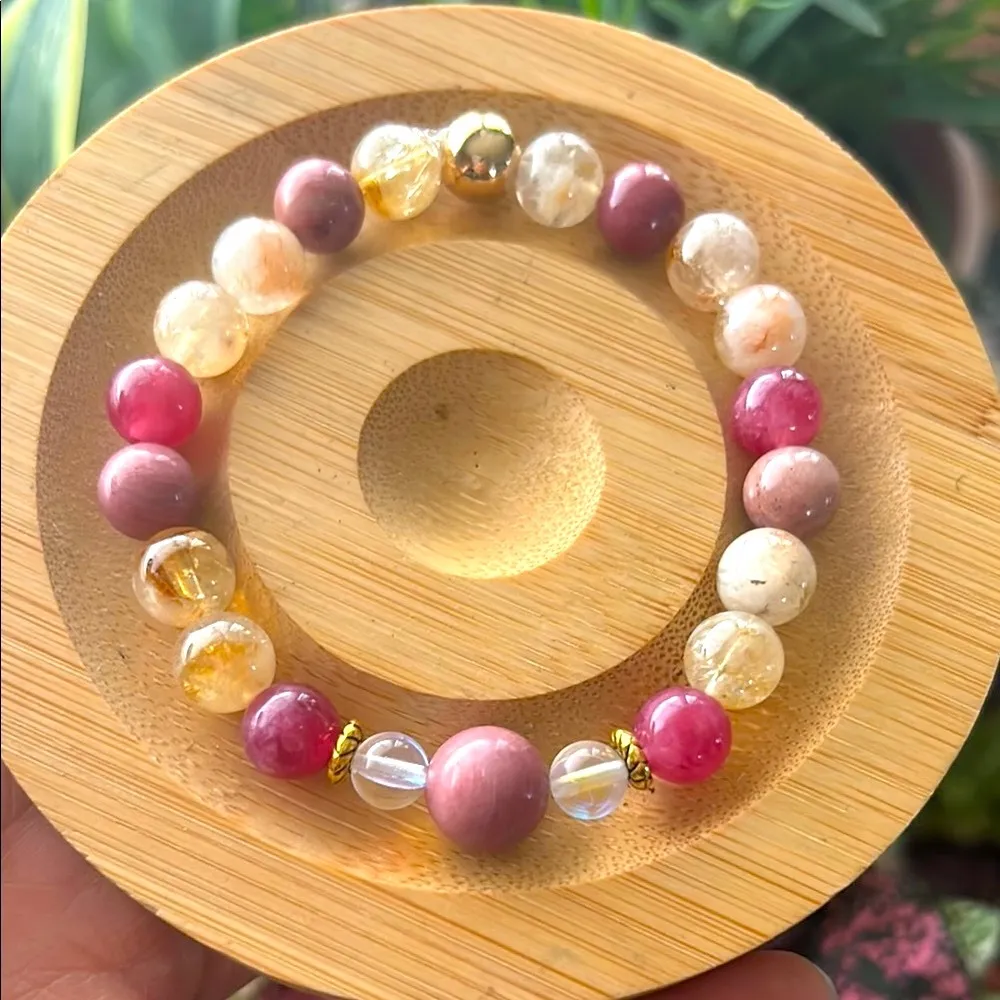 Handmade Rhodonite + Citrine + Strawberry Quartz + Aura Quartz Beaded Bracelet - Image 3
