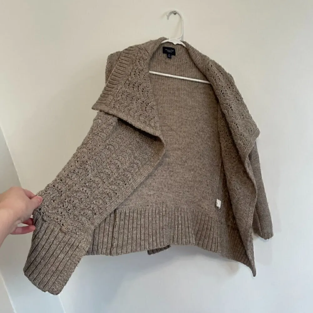 AMERICAN EAGLE Brown Gold Metallic Chunky Knit Open WOOL Draped Cardigan Sweater - Image 7