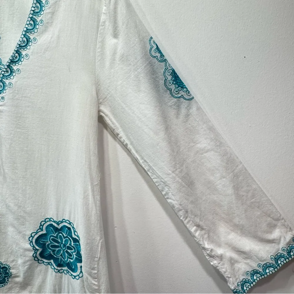 Bag Lady Mudpie White Tunic Swimsuit Cover Up Teal Embroidered Paisley Floral Size M - Image 5