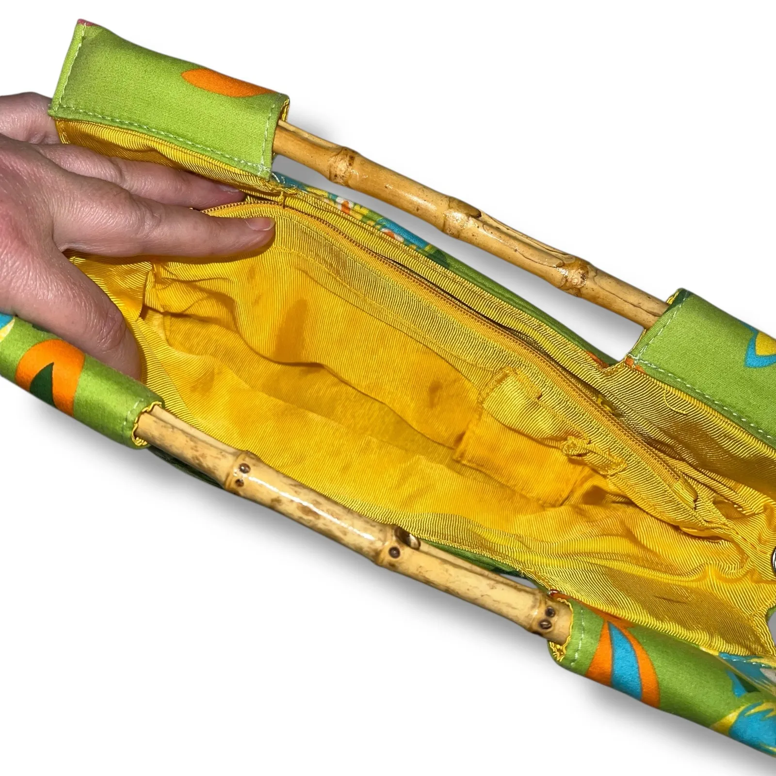 Vintage Y2K Braciano Purse Bag Tropical Floral Beaded Bamboo Handles Green Pink - Image 6