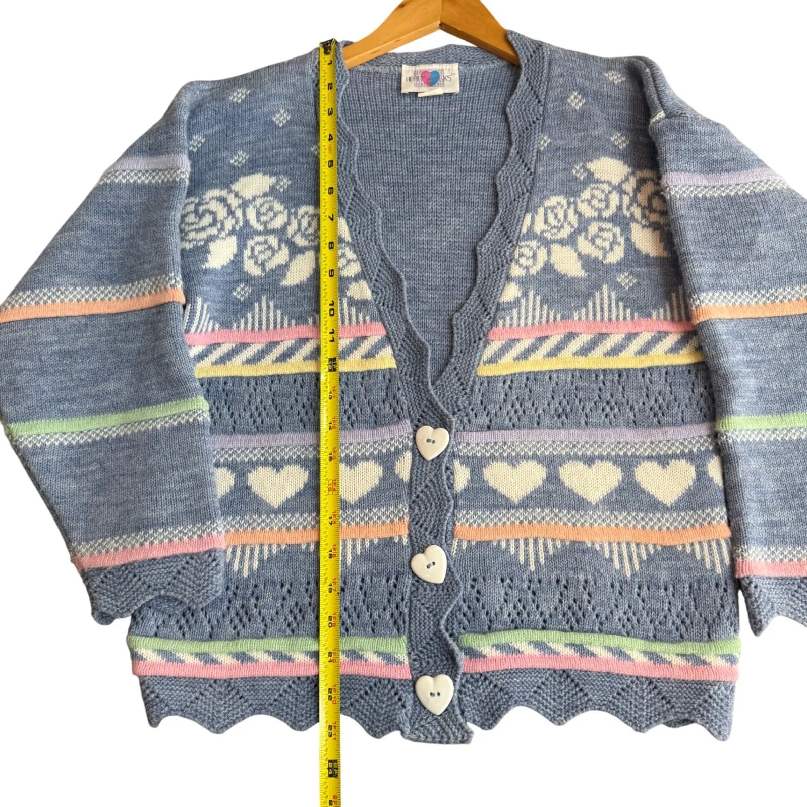 Vintage Heartworks L Crochet Cardigan Sweater Pastel Grannycore Cutesy Kawaii Blue Size L - Image 7