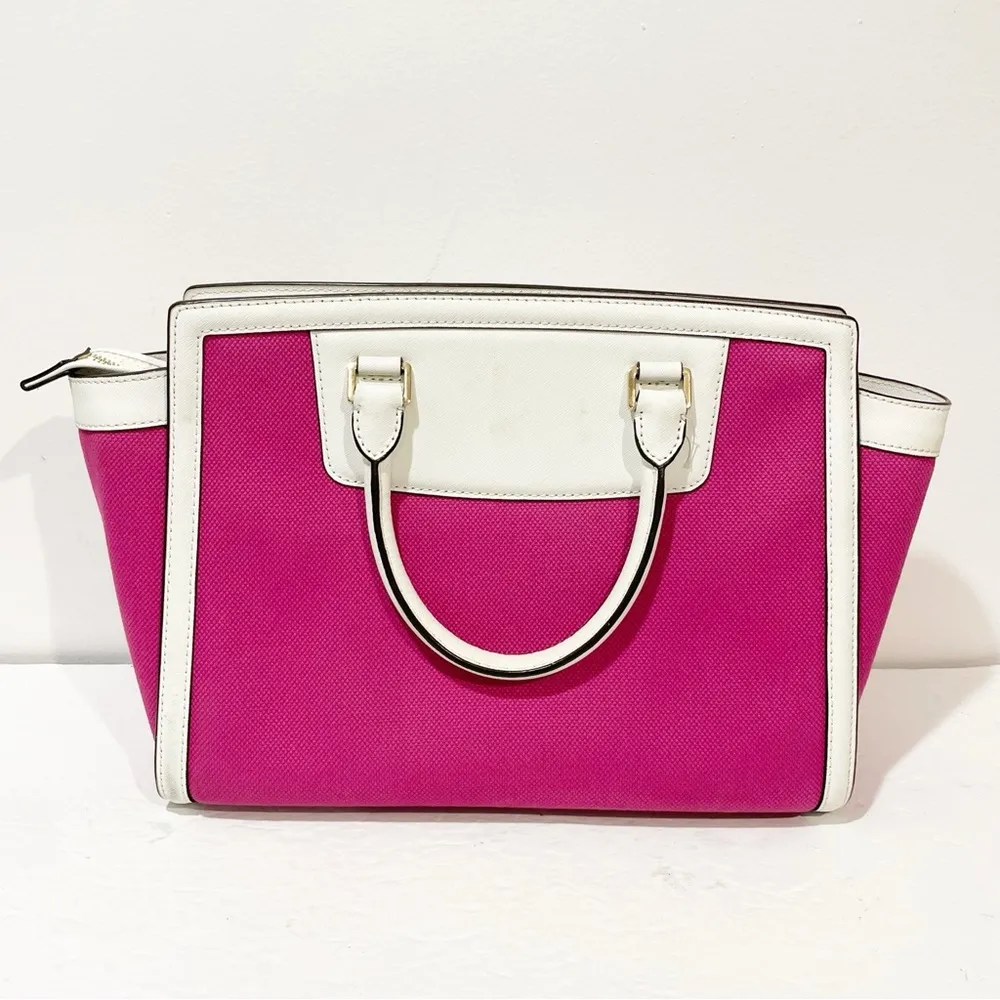 MICHAEL KORS Pink Canvas w/ White Leather Trim Handbag Satchel Crossbody Bag - Image 7