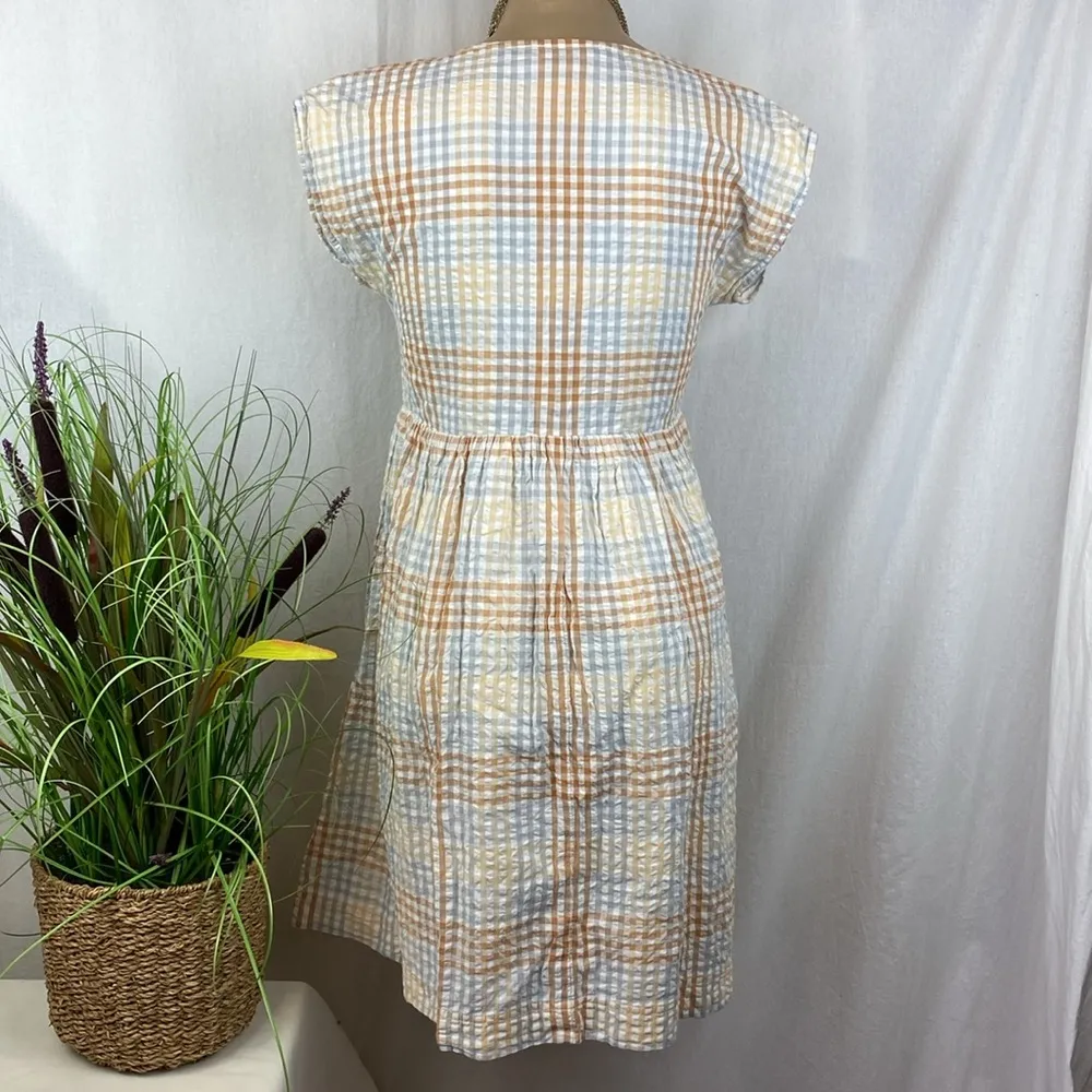 Madewell White Tan & Gray Gingham Plaid Short Sleeve Seersucker Dress XXS - Image 2