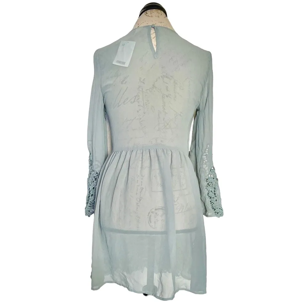 H&M Divided Womens Dress Sz 2 Green Lace Embroidered Sheer Pintuck Southwestern - Image 3