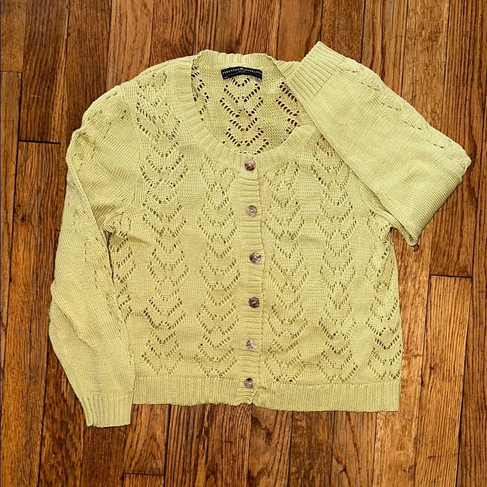 Peruvian connection 100% Pima cotton eyelet button crop cardigan yellow green S - Image 1