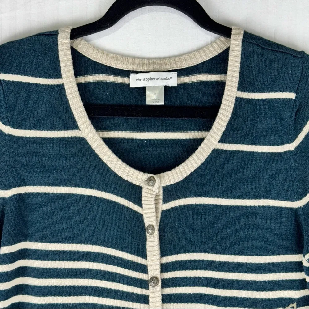 Christopher Banks Green/Cream Stripe Knit Cardigan Floral Embroidery Size Medium - Image 4