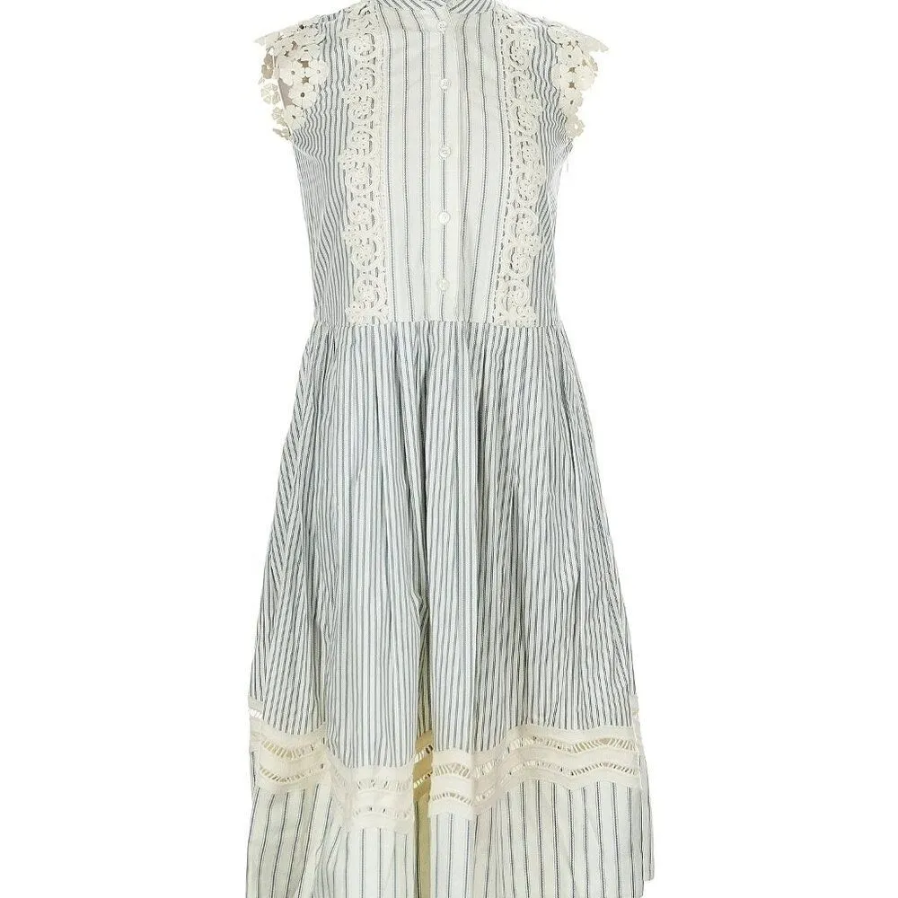 Sea New York blue & white stripe cotton midi dress with lace detail. Size 0. - Image 2