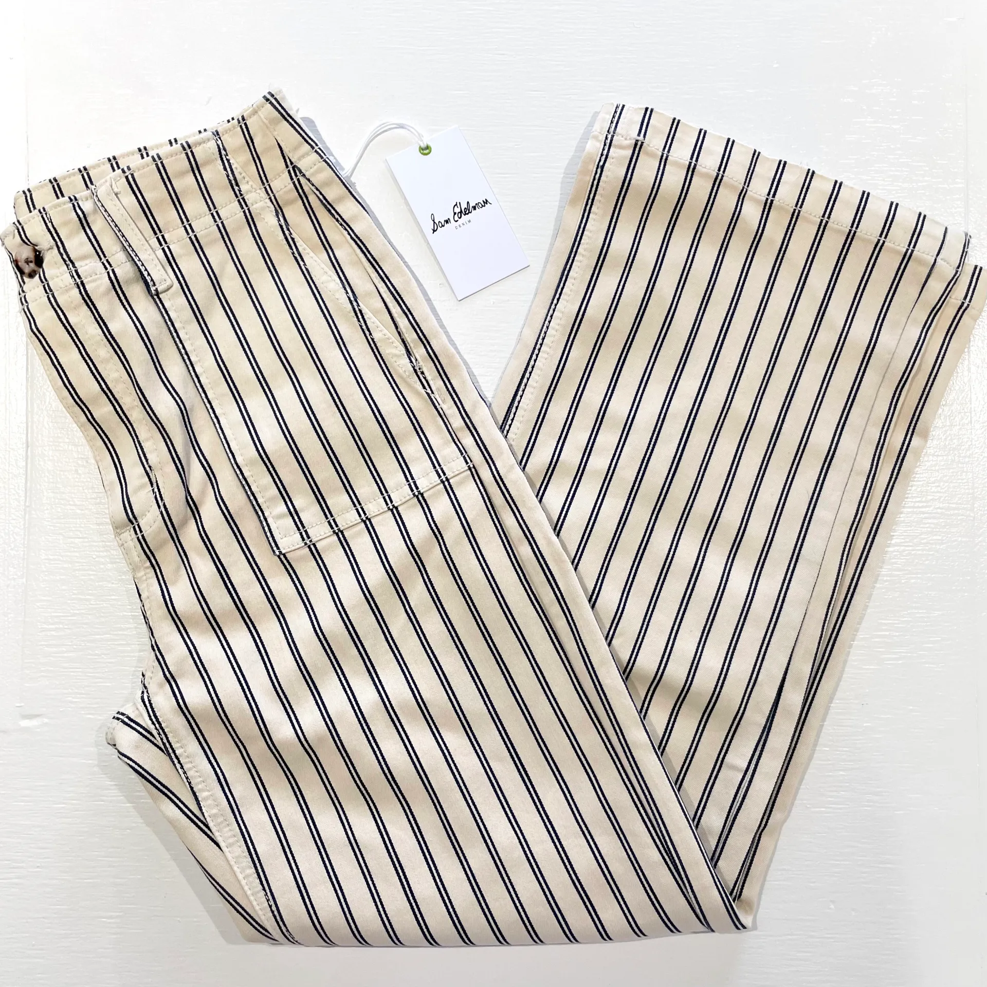 New  Striped Wide Leg Crop Pants Chelsea Cream Indigo - Image 14