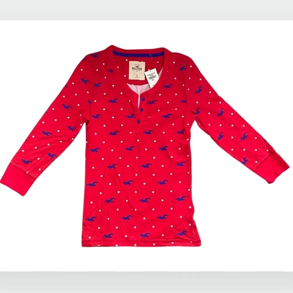 HOLLISTER Red Polka Dot Seagull 3/4 Sleeve Henley Shirt Small - Image 2