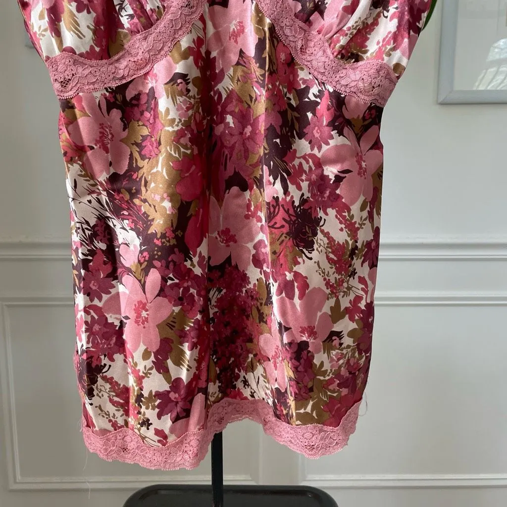 Vintage Y2K Floral Satin Camo Tank Lace Trim Mauve Pink Burgundy M Size M - Image 4