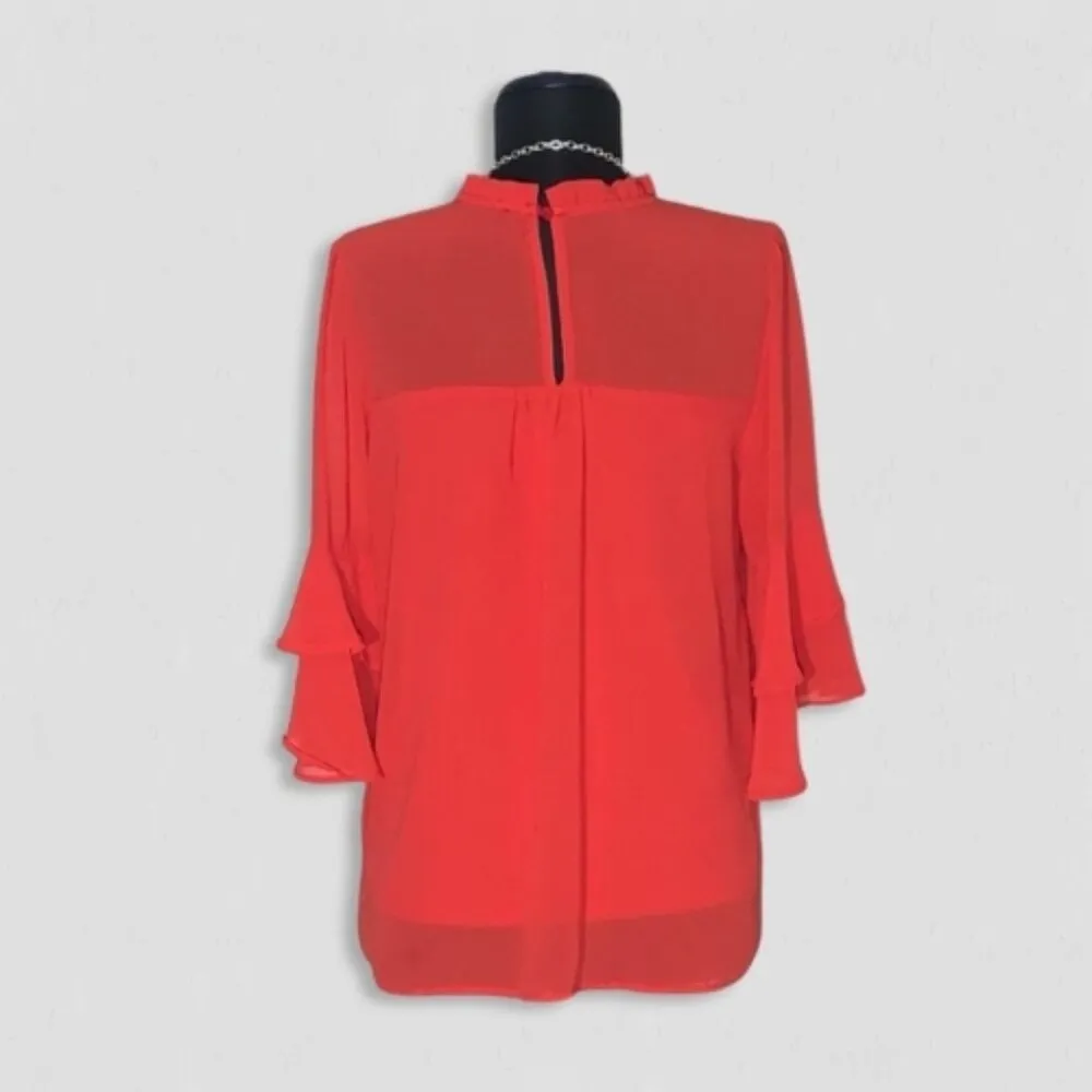 Monteau Los Angeles Blouse Bell Sleeves Chiffon Flared Ruffled Neckline Red sz L Size L - Image 2