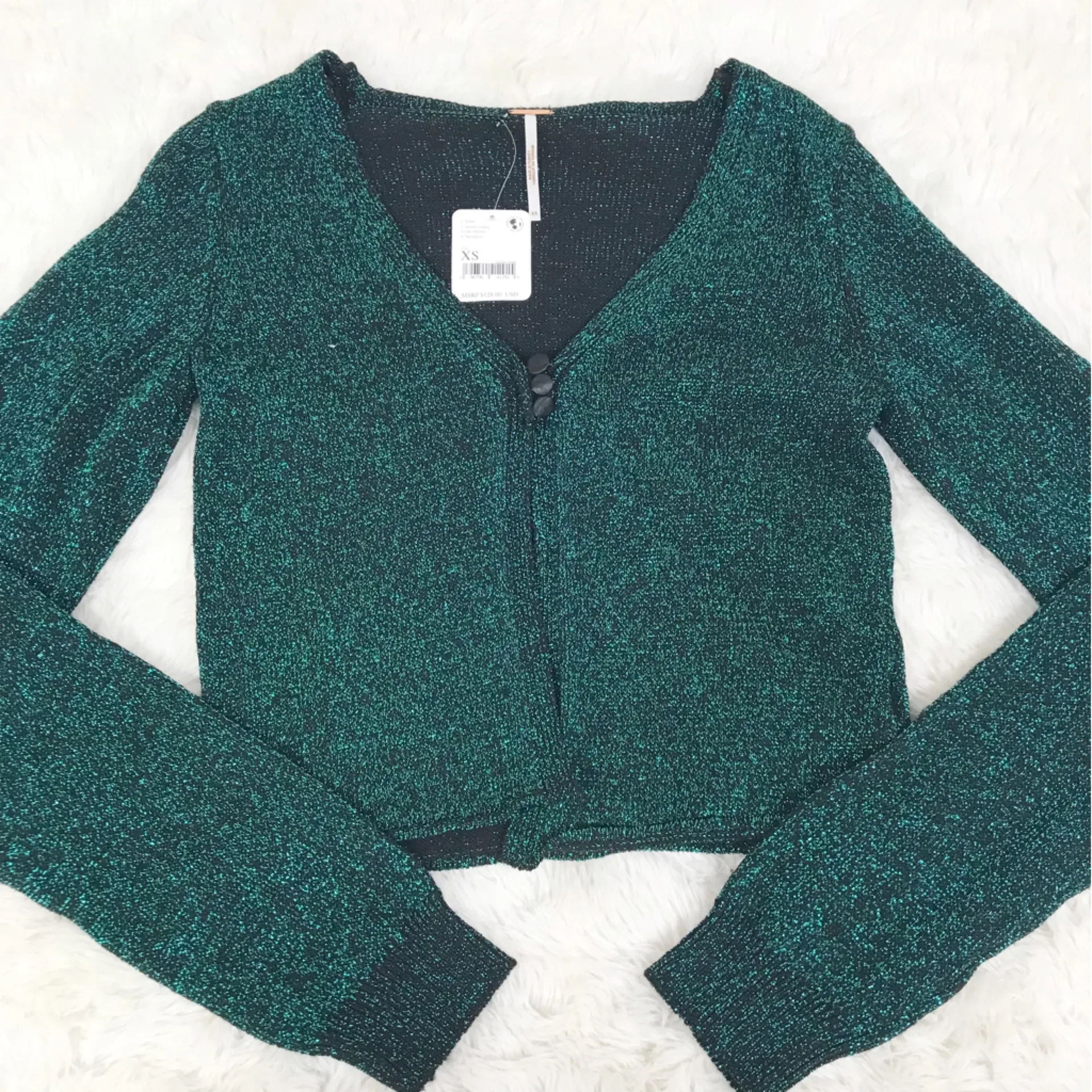 FREE PEOPLE Emmaline Metallic Green Cardigan Long Sleeve‎ Goth Dark Romantic XS - Image 6