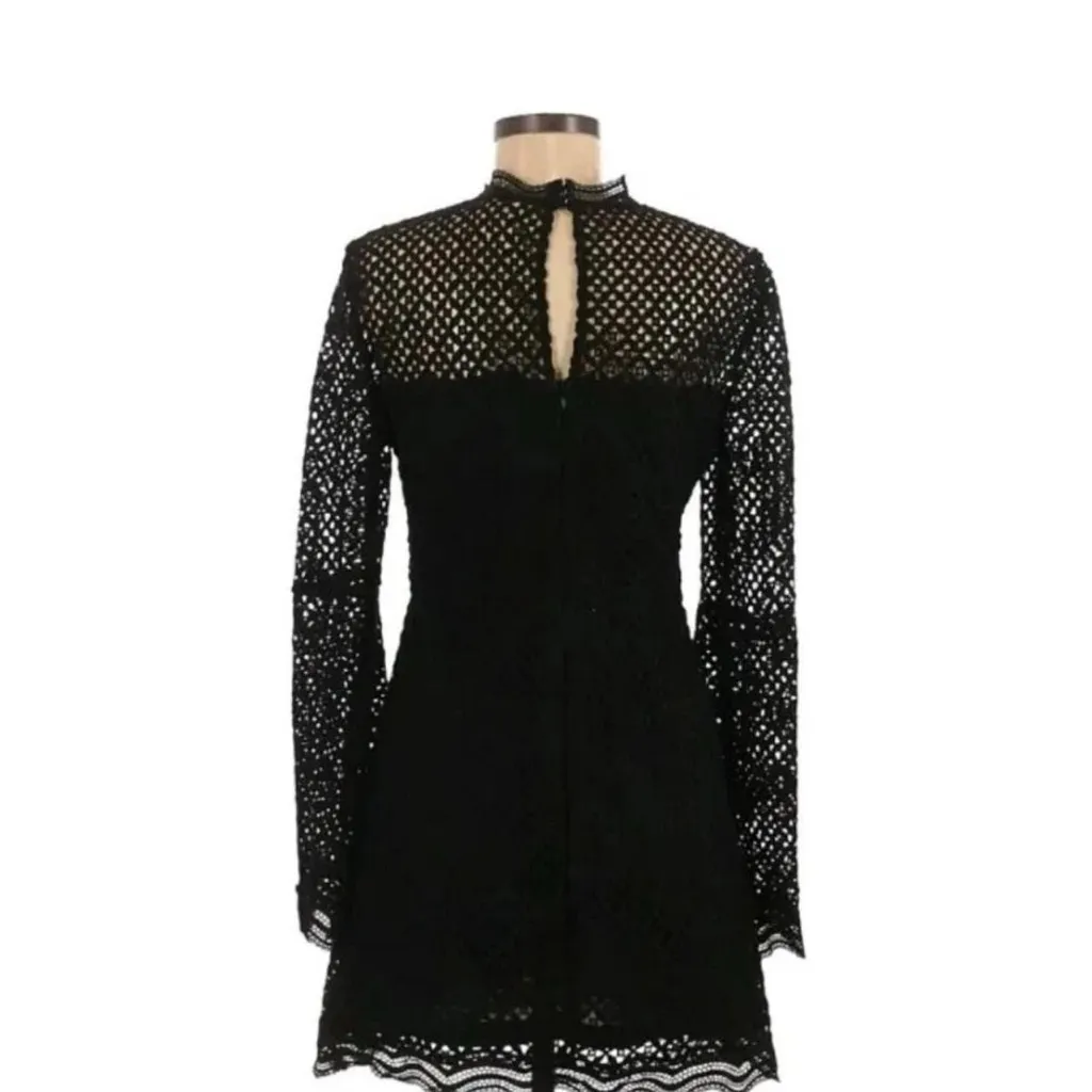 AQUA Black crochet long sleeve mini dress bell sleeves and high neckline SIZE XS - Image 6