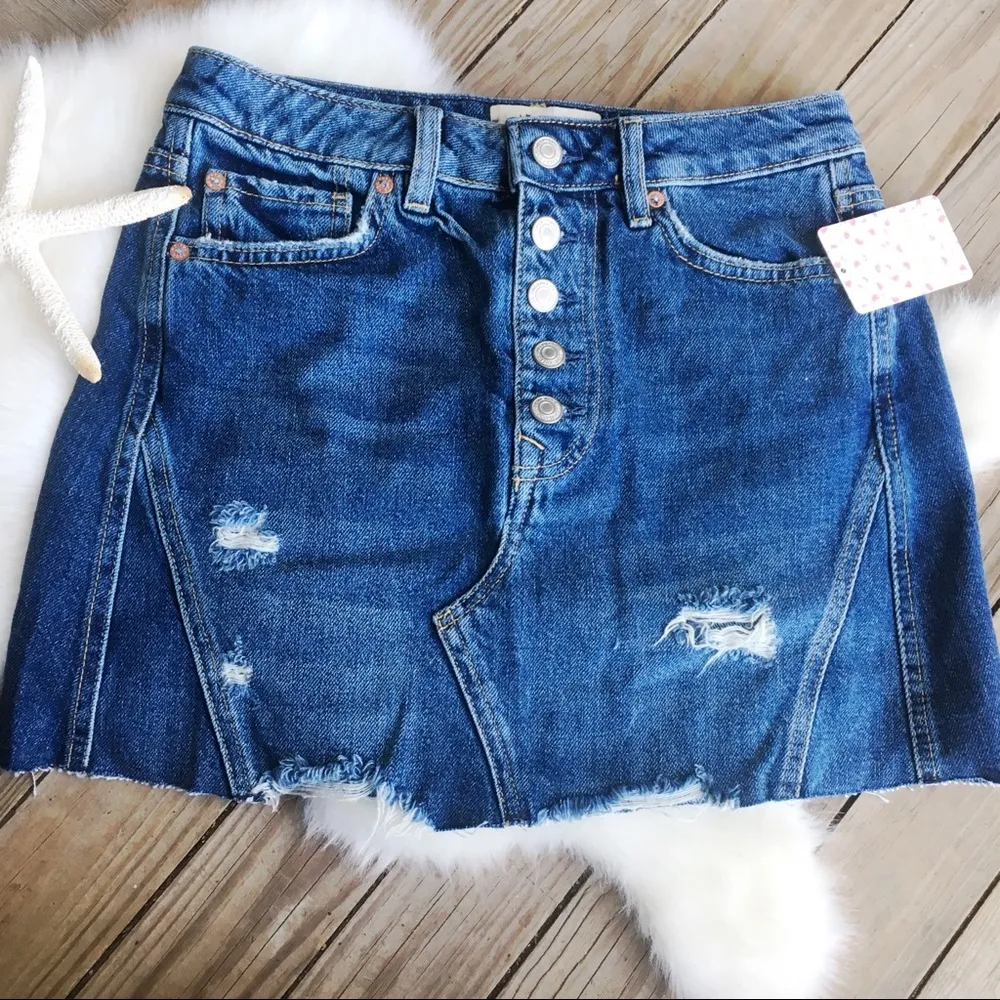 FREE PEOPLE Distressed Dark Denim Mini Skirt 27 - Image 8