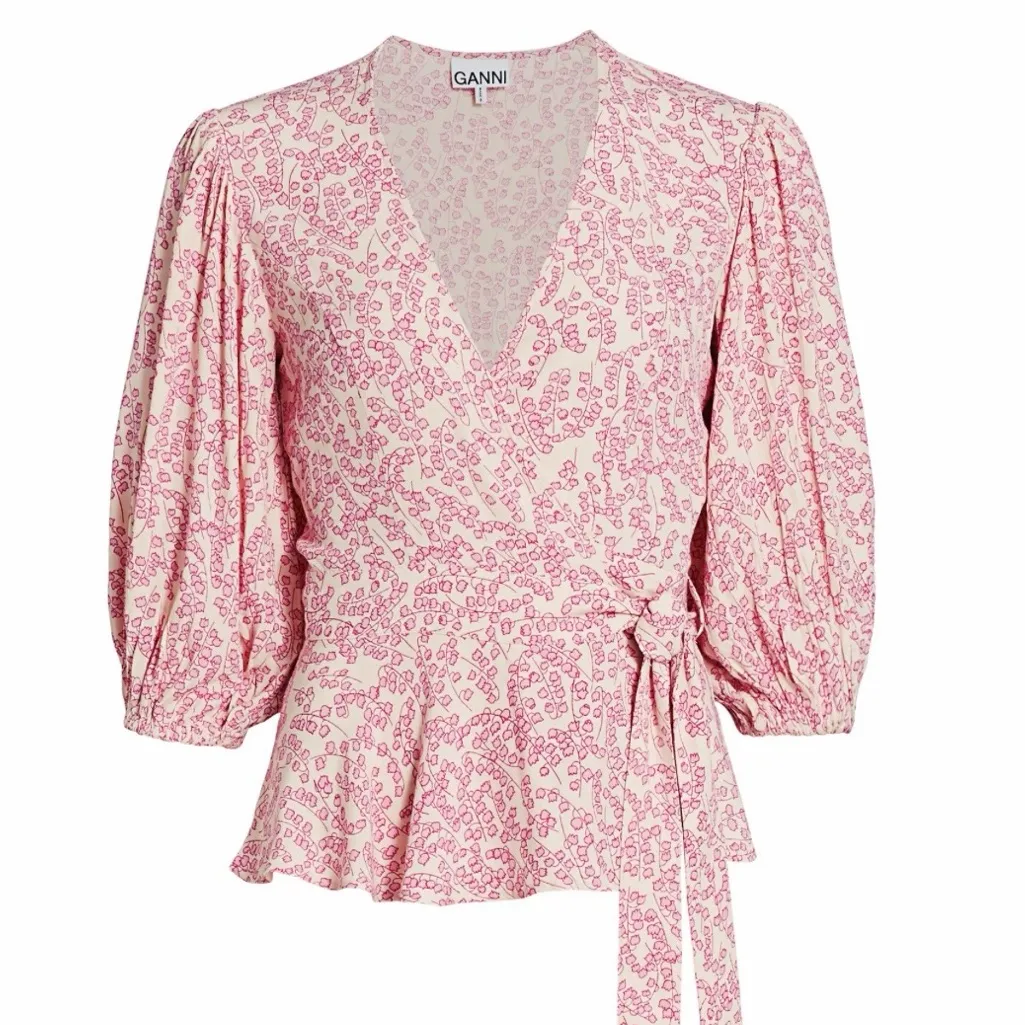 Ganni Wrap Top Floral Balloon Sleeve Pink Size 4 - Image 12