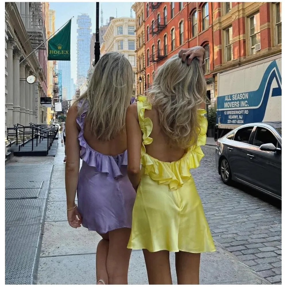 HOUSE OF CB Tink Satin Ruffle Mini Dress in Buttercup Size Large+ (X-Large) - Image 13