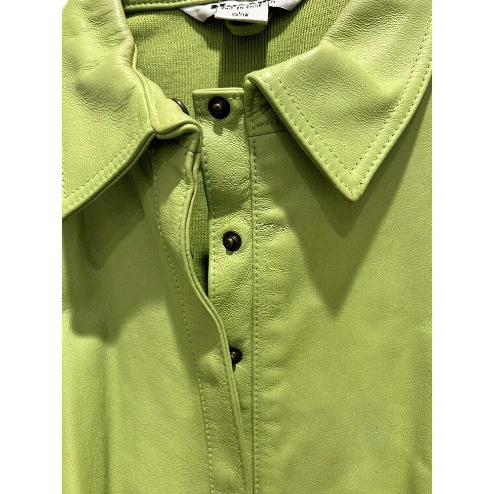 Peter Nygard Collection Lime Green Leather Front Knit Back‎ Sleeves Jacket Large - Image 2