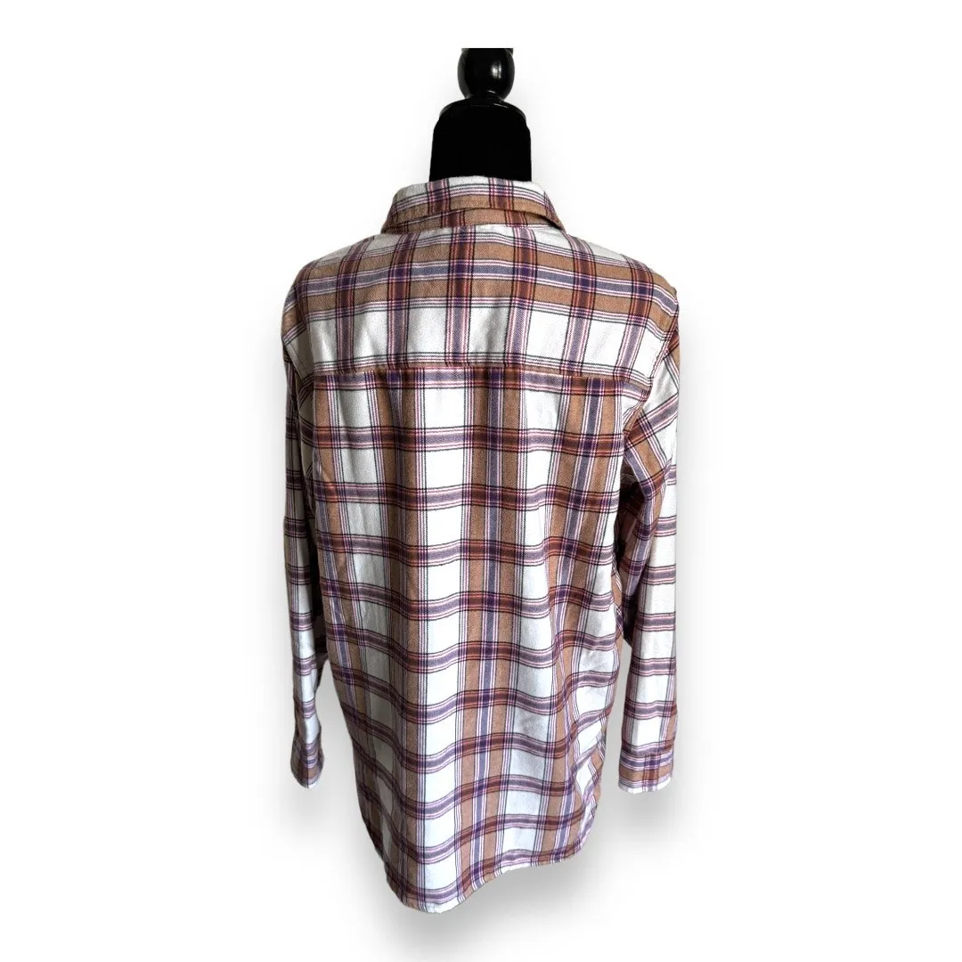 Jach's Girlfriend Womens Shirt Sz L Tan Plaid Flannel Purple‎ Pink Soft Pockets - Image 7