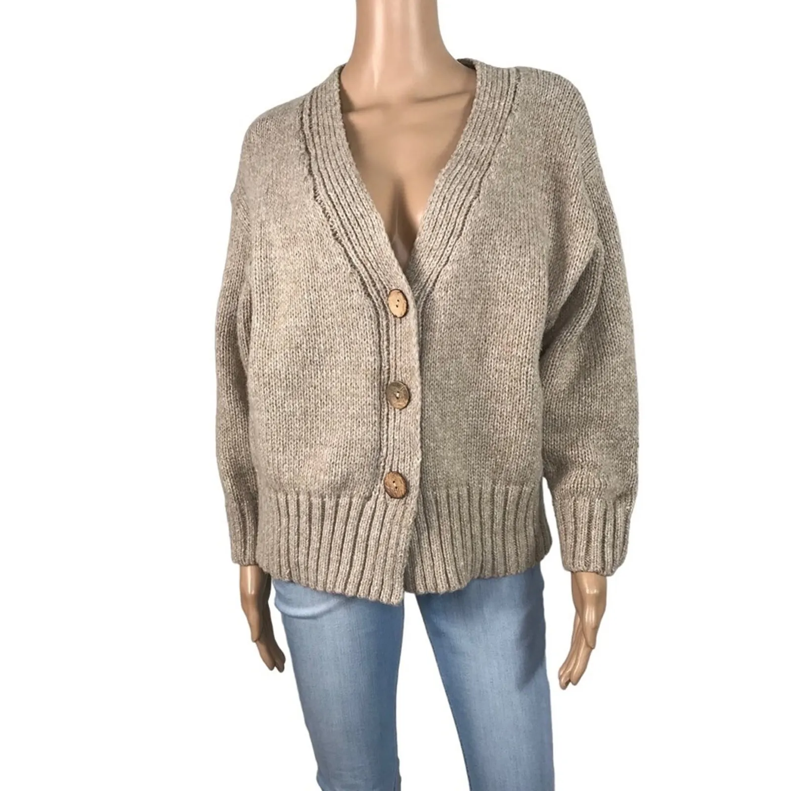 HAWLILI Wool Knit Cardigan Sz M Beige Cozy Y2K Retro Nostalgia Cotagecore Office Size M - Image 3
