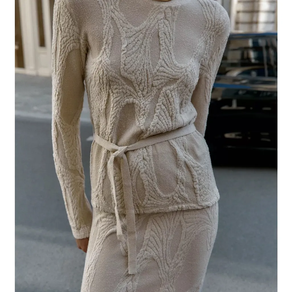 Zara NWT ivory off white cream jacquard long sleeve tie belted top - Image 6