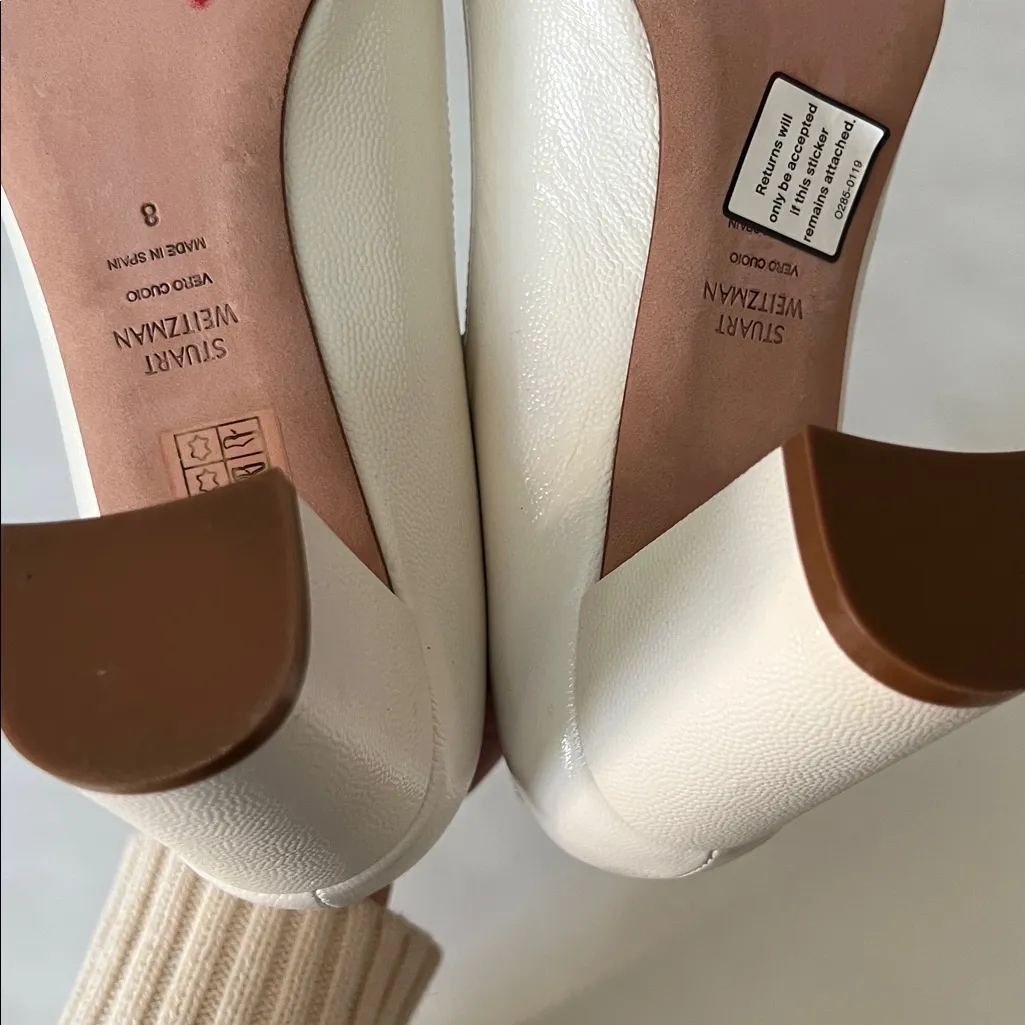 STUART WEITZMAN Laney Pointed Toe Block Heel Pebbled Leather Pumps Ivory 8 - Image 7