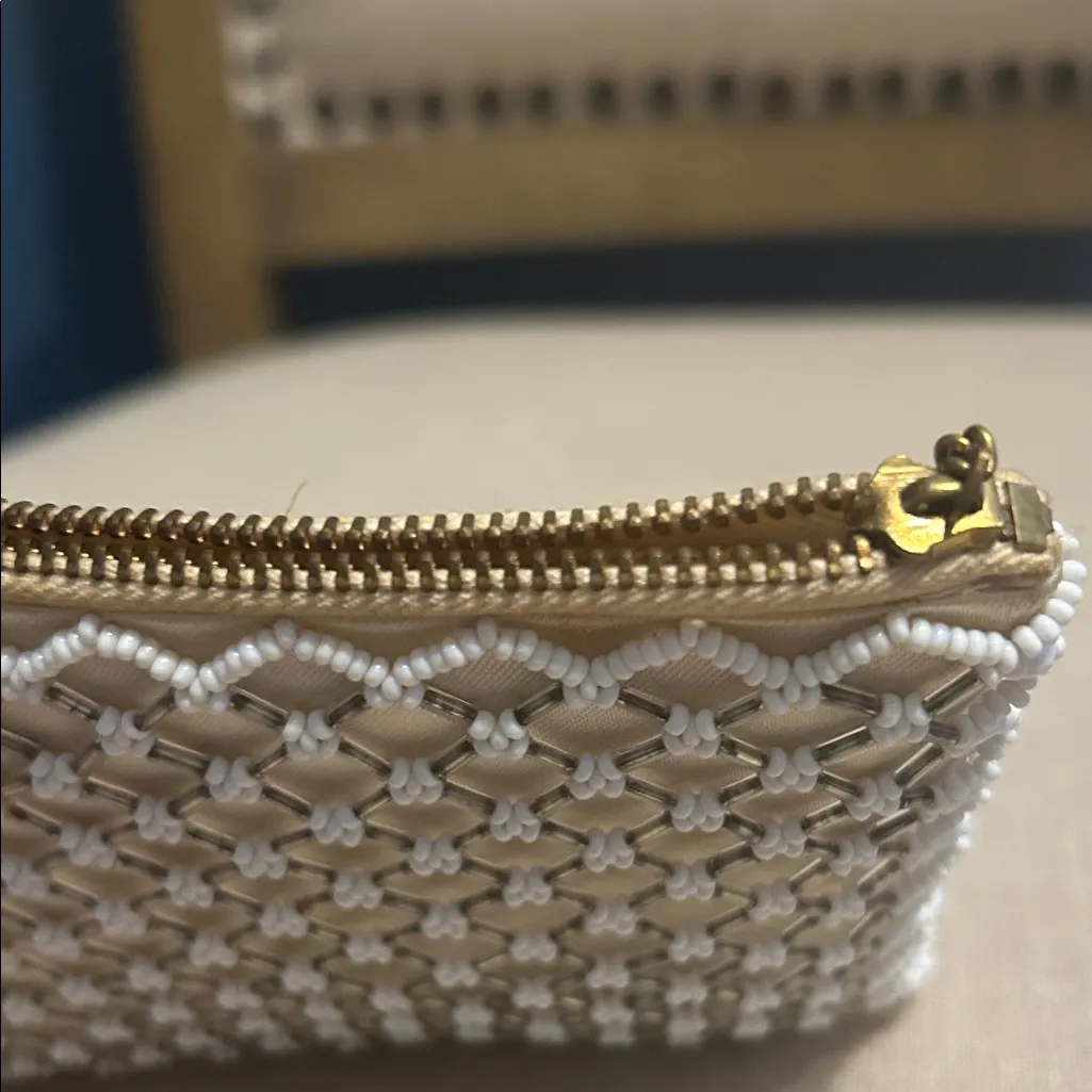 Vintage Cream Mini Clutch with White Beaded Shell - Image 9