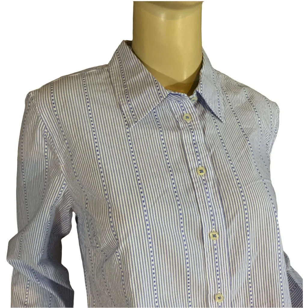 TALBOTS BLUE & WHITE STRIPES & DOTS COTTON BUTTON DOWN TOP (M) - Image 7
