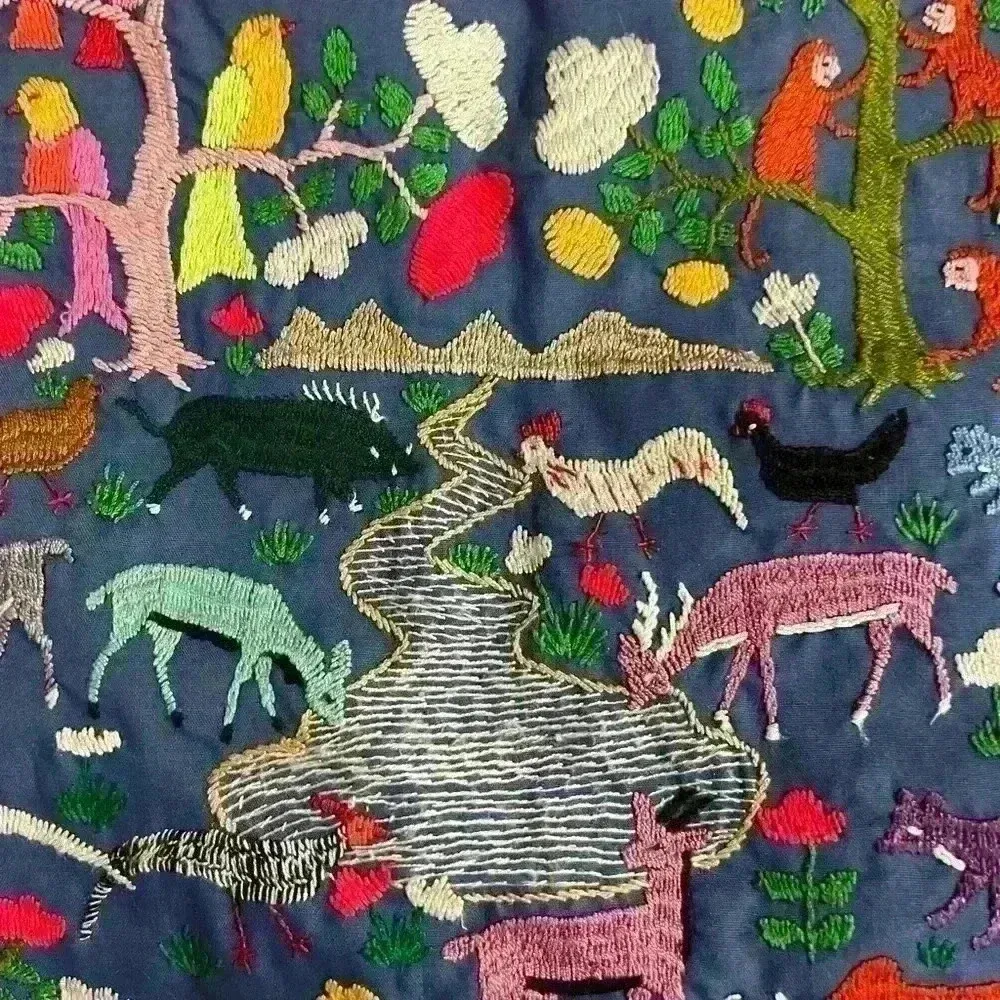 Quilted Blue Tote Bag with Animal Embroidery Boho Anthropologie Style - Image 3