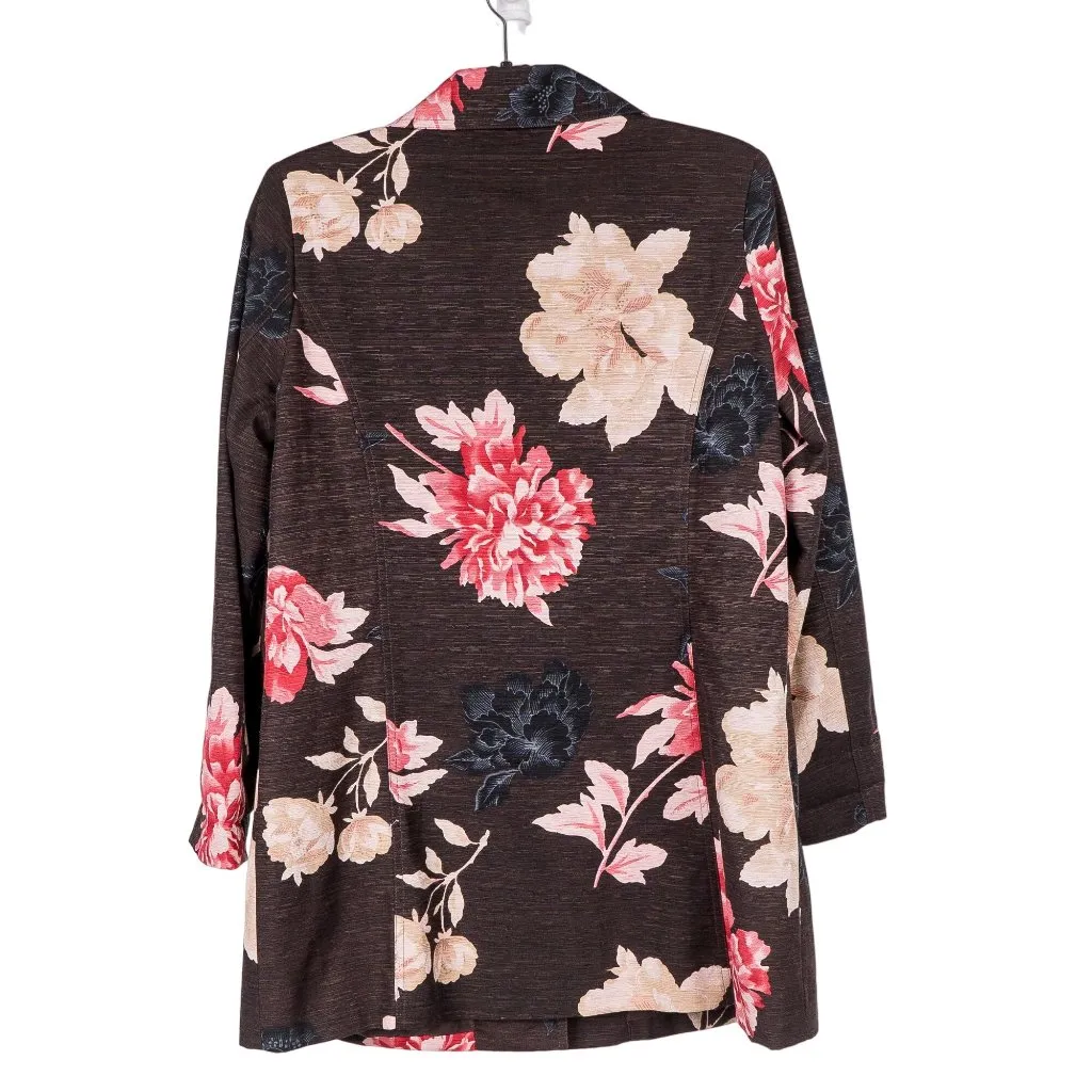 Silk Land Floral Coat M Women Brown Pink Long Old Money Classic Collar Buttons Size M - Image 6