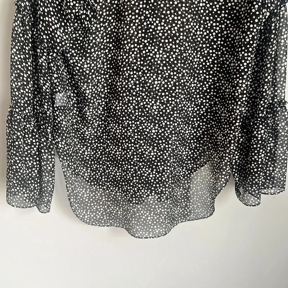 Misa Black White Polka Dot Sheer Button Up Bell Ruffle Sleeve Hi Lo Blouse - Image 8