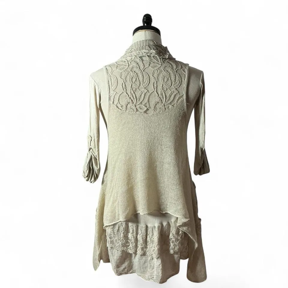 Made in Italy Crochet Lace Tunic Dress Beige Asymmetrical Hem Pockets 2 Piece - Image 2