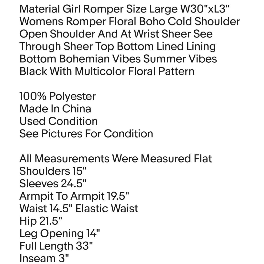 Material Girl Romper Size Large W30"xL3" Womens Romper Floral Boho Cold Shoulder Open Shoulder - Image 2