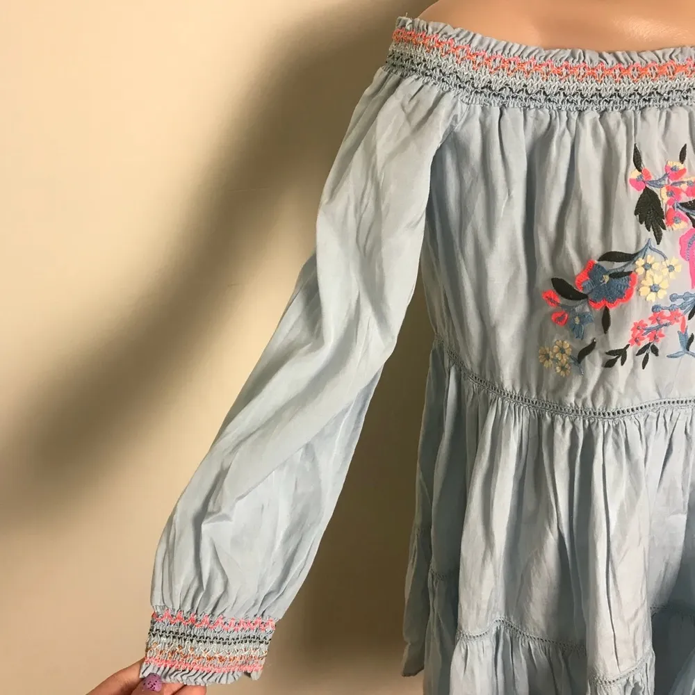 Free People Sunbeams Floral Embroidered Chambray Blue Mini Dress Bohemian - Image 7