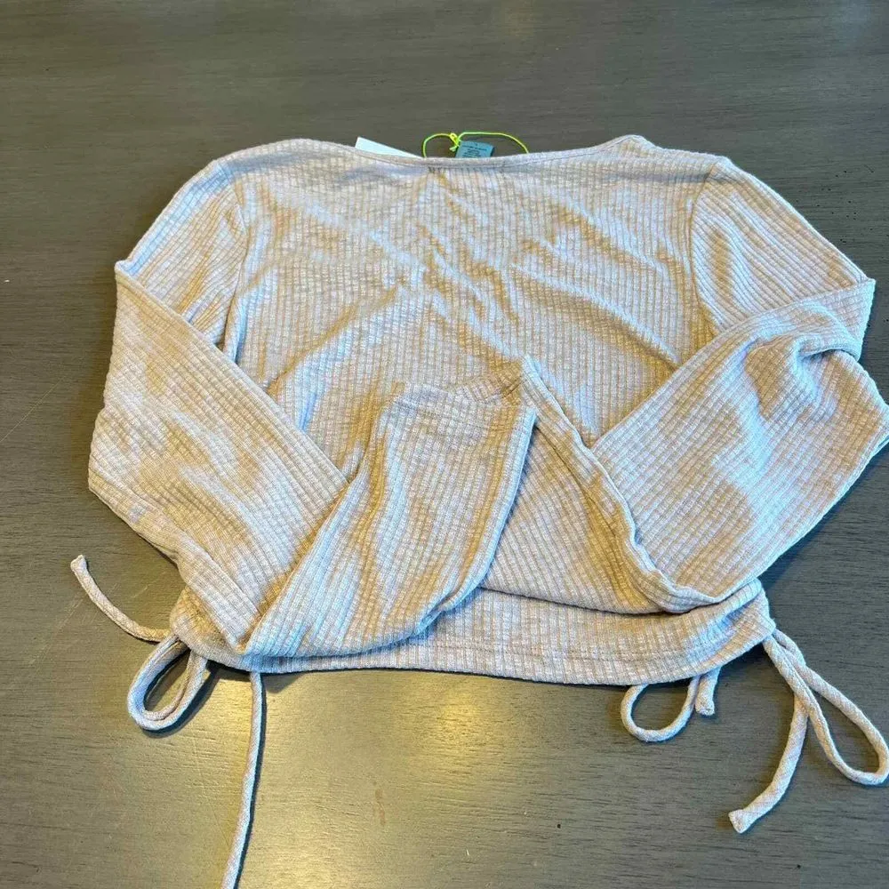 Good Luck Gem Ribbed Crop Top with Side Ties Beige Long Sleeve Casual Chic - Image 6