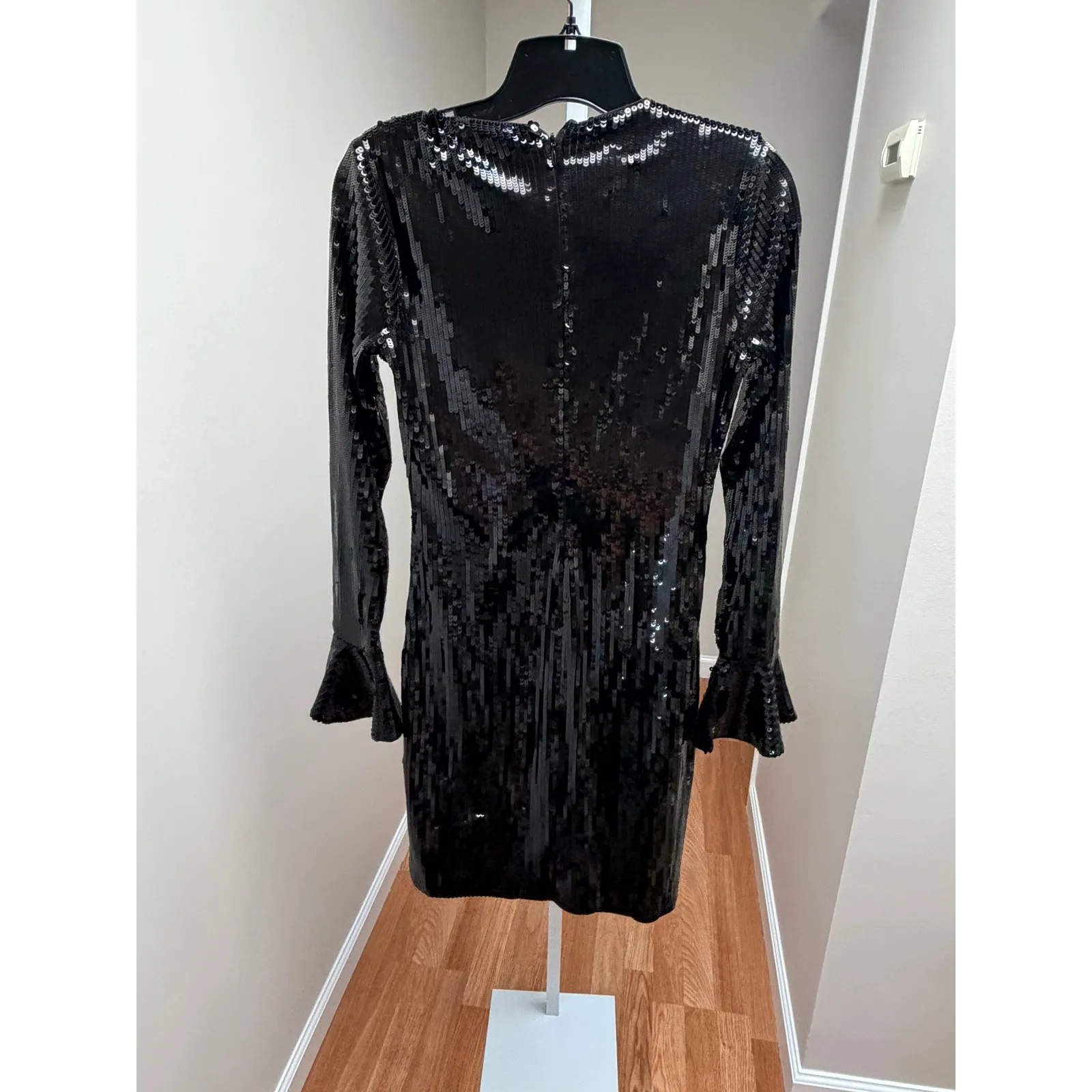 Michael Kors Black Sequin Dress XS Long Sleeve Bell Cuff 80s Glam Cocktail Mini - Image 4