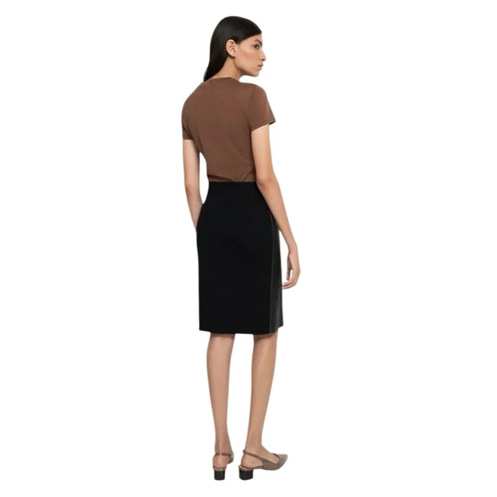 NEW Theory $495 Black Lamb Leather Ribbed Sweater Pencil Straight Midi Skirt XS - Image 4
