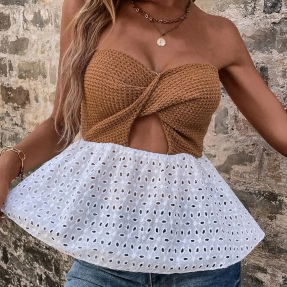 NWT, Lavishly Paris Women’s Designer Schiffy Peplum Tube Top. Size Medium Brown - Image 2