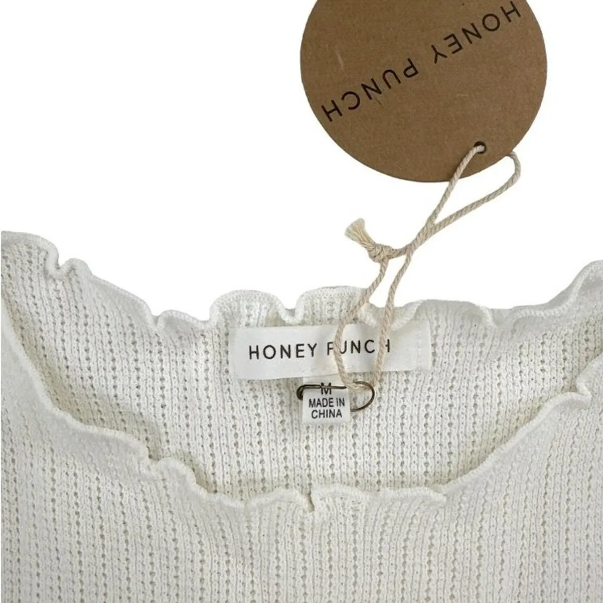 Honey Punch - Ribbed Pointelle Knit Short Sleeve Top in Ivory - Image 4