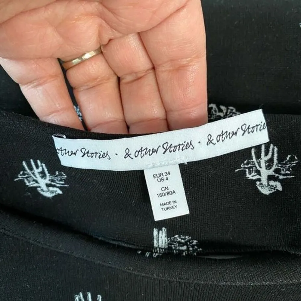 & Other Stories Black White Longline Top Mini Dress Long Sleeve Cactus Print - Image 7