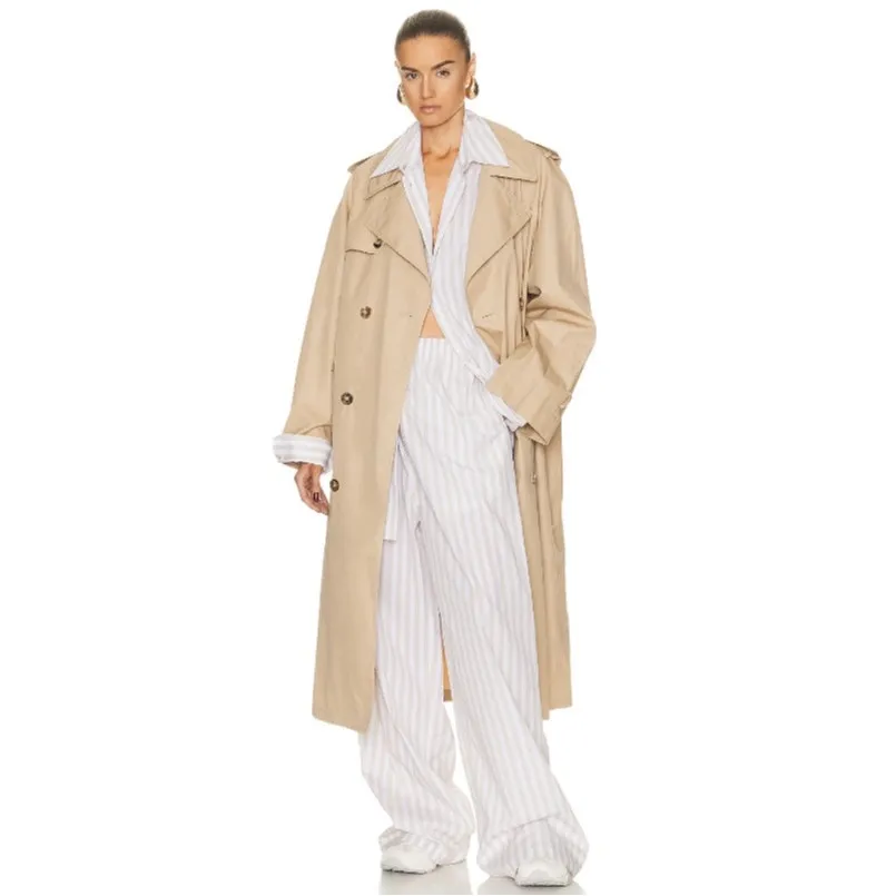 Helsa Cotton Poplin Striped Oversized Button Front Shirt Top Beige Stripe OS - Image 7