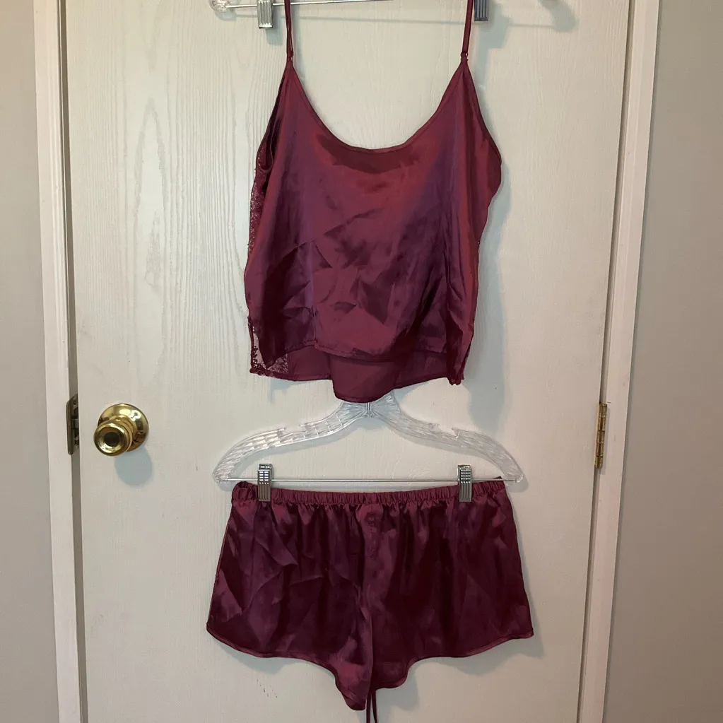 Burgundy Lace Trim Pajama Set Red - Image 5