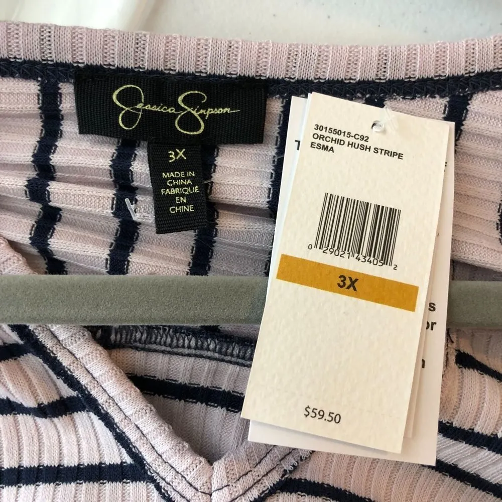 Jessica Simpson Womens Top Ribbed Knit V Neck Striped Light Purple 3X - Image 3