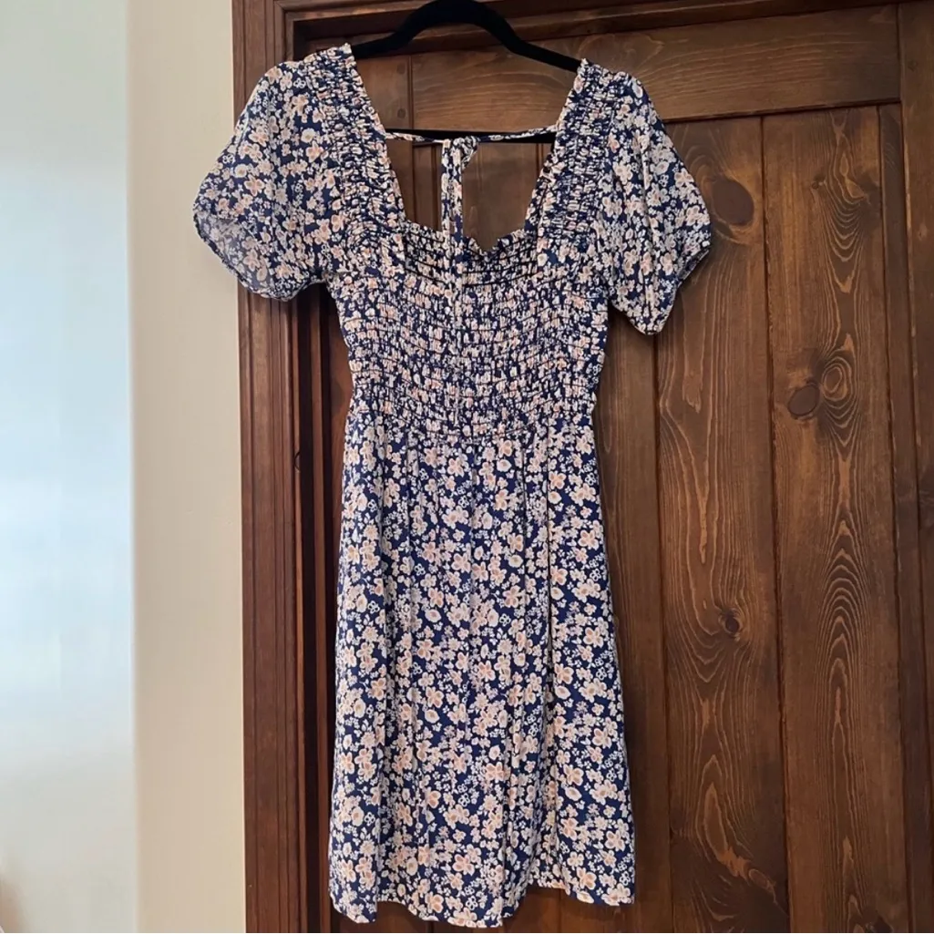 Dee Elly Blue Floral Smocked Puff Sleeve Mini Dress – Size M - Image 9