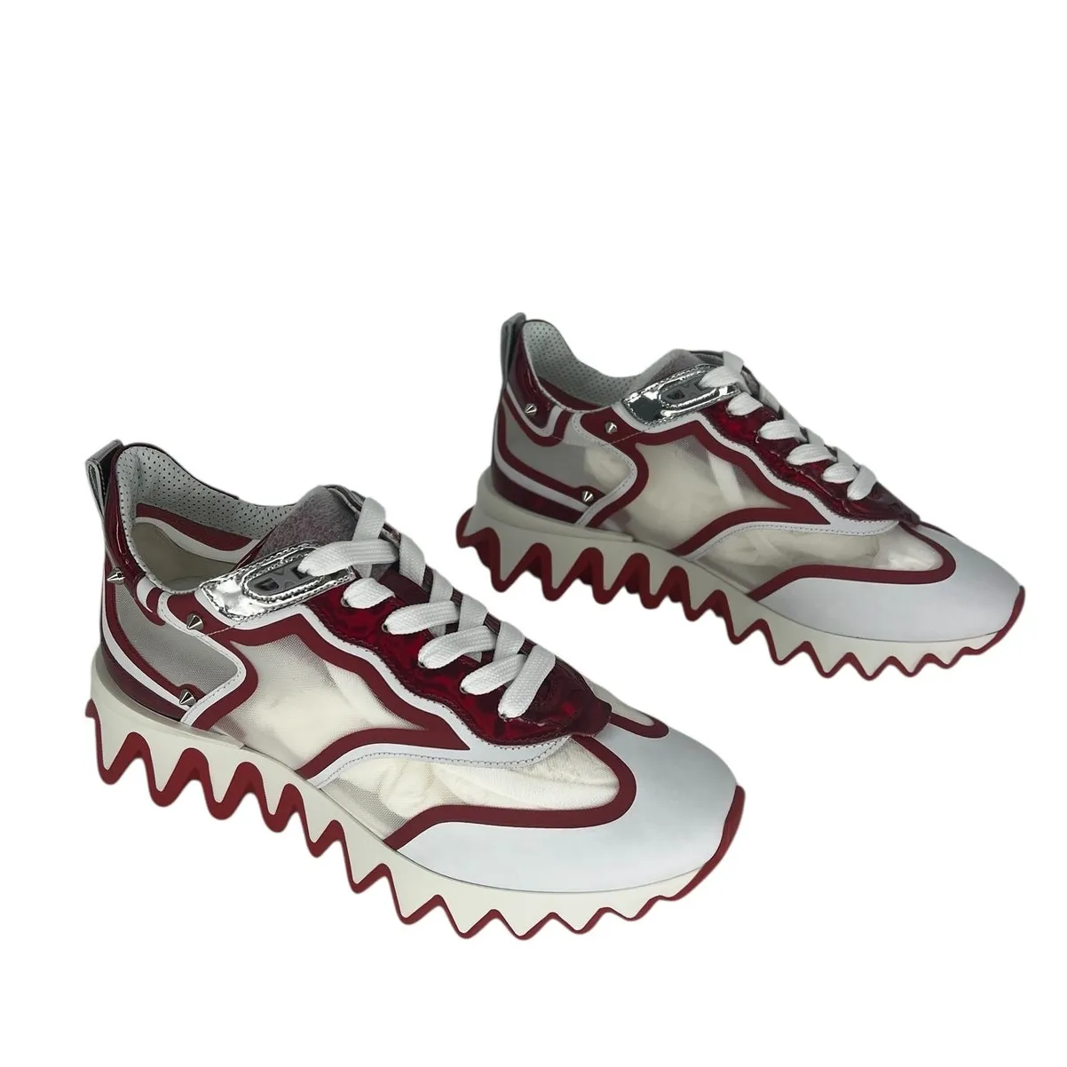 Christian Louboutin Sharkina Sneakers in White Mesh & Red Patent Leather - Image 6