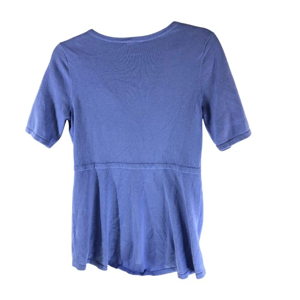 Isaac Mizrahi Live! Womens Split Neck Pullover Sweater Short Sleeve Top Blue XS - Image 2