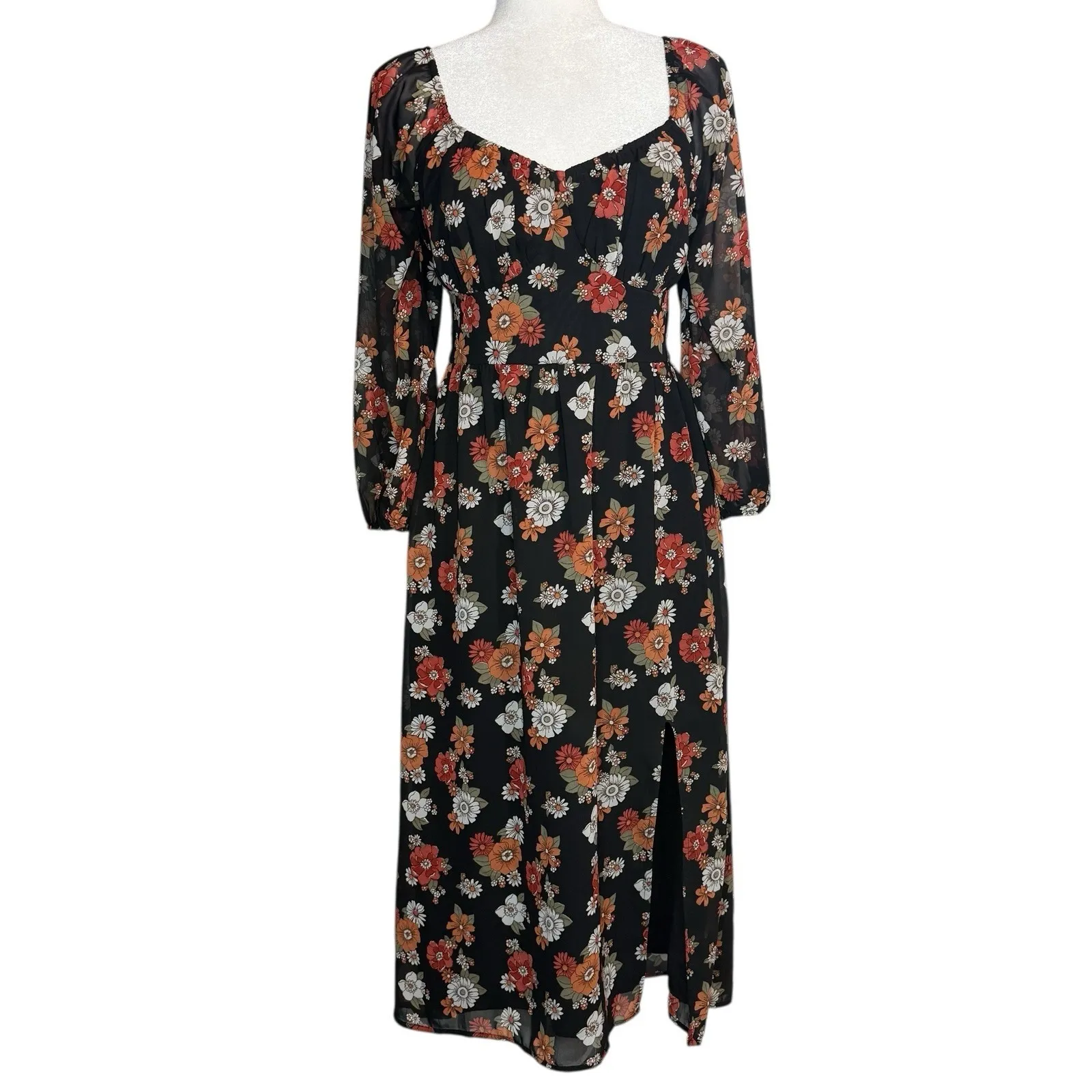 Hollister Dress Womens‎ Medium Floral Long Puff Sleeve Slit Midi Chiffon Retro - Image 3
