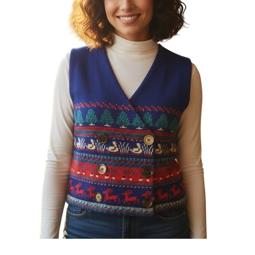 Vintage Blue Knit Cotton Christmas Holiday Sweater Vest Reindeer Womens Medium - Image 2