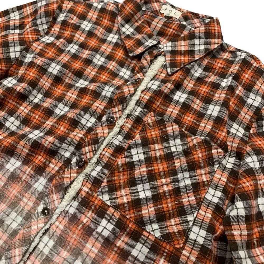 Pol Size Small Orange and White Distressed Fall Button Down Long Sleeve Flannel - Image 3